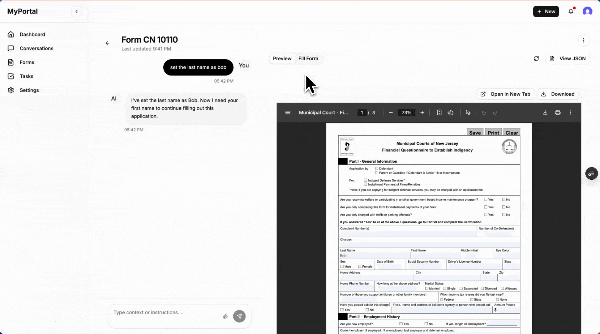 Bells product demo showing AI filling out forms through conversation